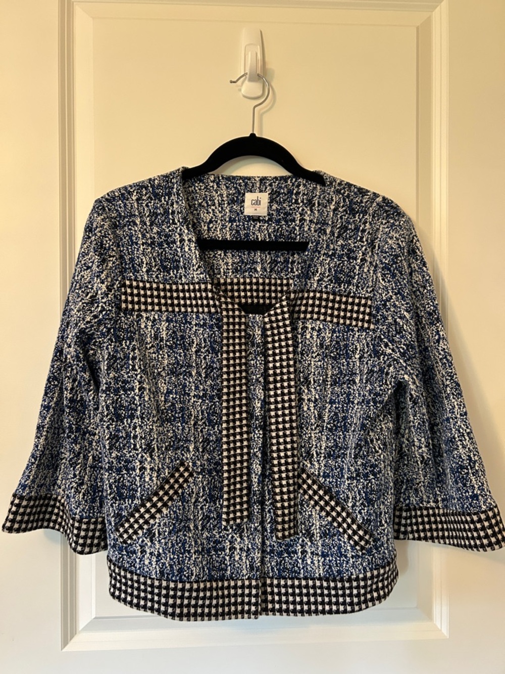 CAbi Navy and White Tweed Open-Front Jacket with Gingham Trim